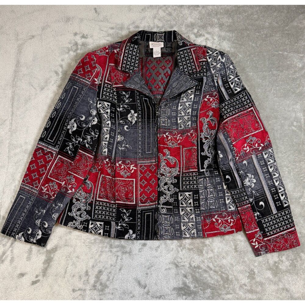 Vintage Renaissance Tapestry Patchwork Jacket Red Black Boho Art Jacket Size L
